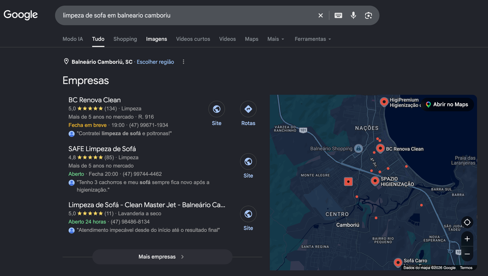 Busca por limpeza de sofá em Balneário Camboriú com a BC Renova Clean, cliente da Evolv, em primeiro lugar no Google